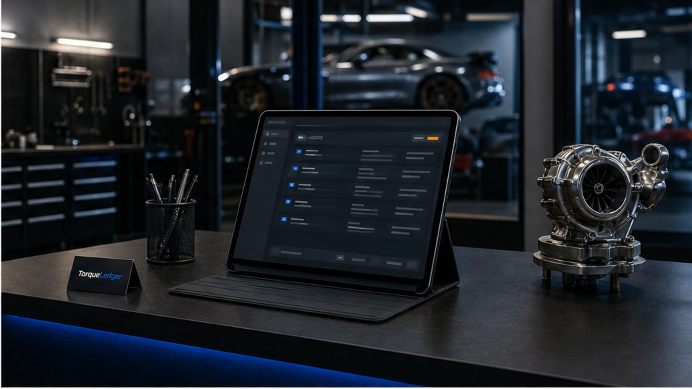 TorqueLedger onboarding at an auto repair shop service counter.
